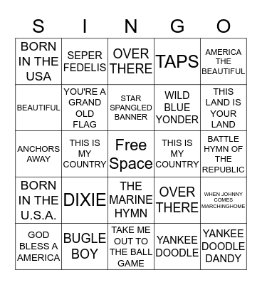 Patriotic  Songs Bingo Card