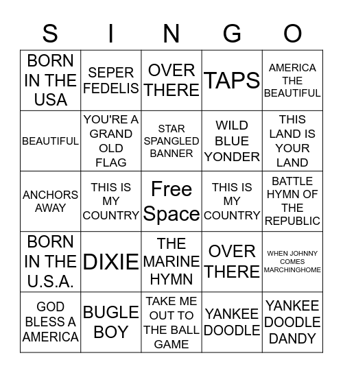 Patriotic  Songs Bingo Card
