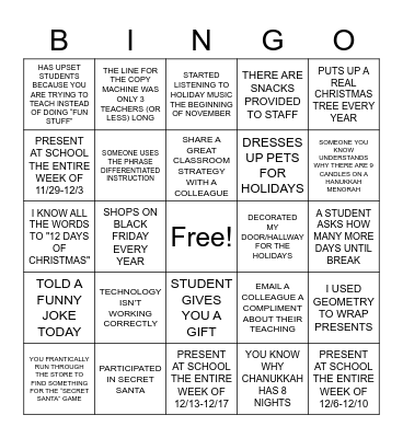 Staff Holiday Bingo Card