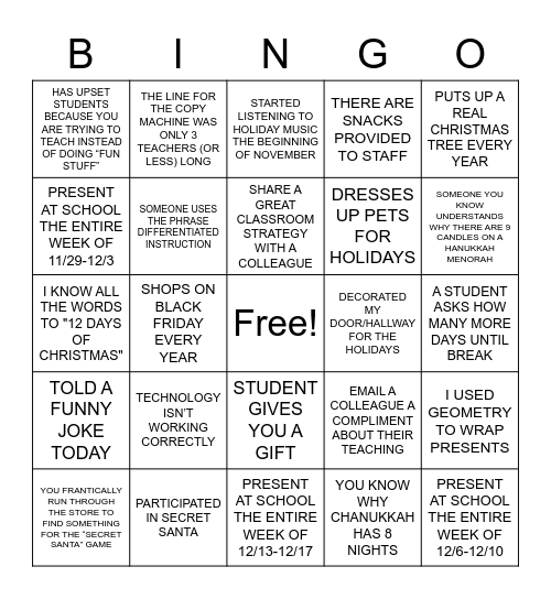 Staff Holiday Bingo Card