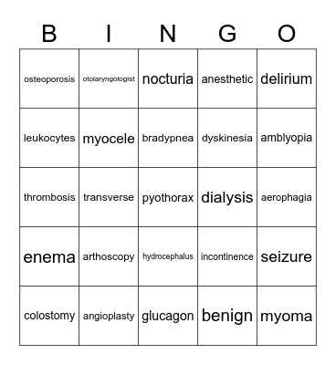 Medical Terminology Bingo Card