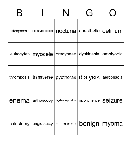 Medical Terminology Bingo Card