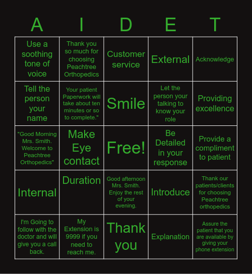 A.I.D.E.T. Bingo Card