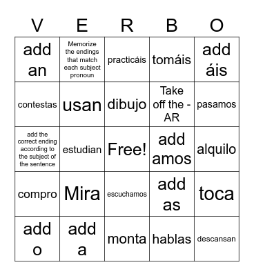 AR Verbs Bingo Card