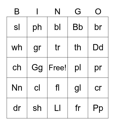 Sounds, Blends and Digraphs Bingo Card