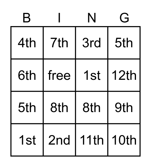 Months of the year Bingo Card