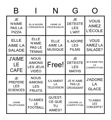 LE VERBE AIMER Bingo Card