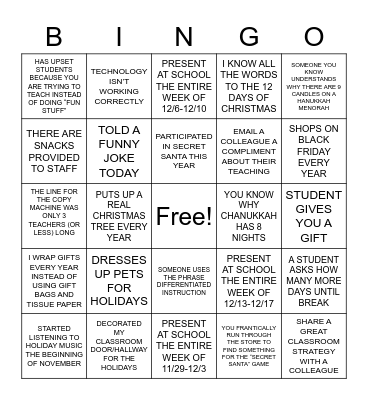 Staff Holiday Bingo Card