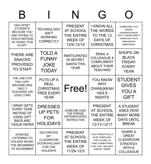 Staff Holiday Bingo Card