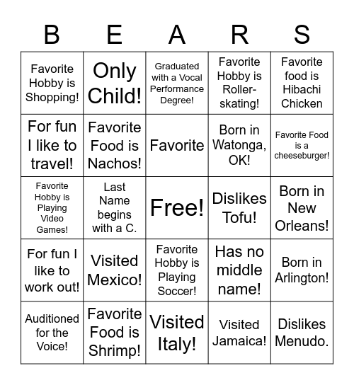 Find a Friend! Bingo Card