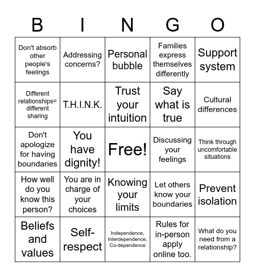 Boundaries Bingo Card