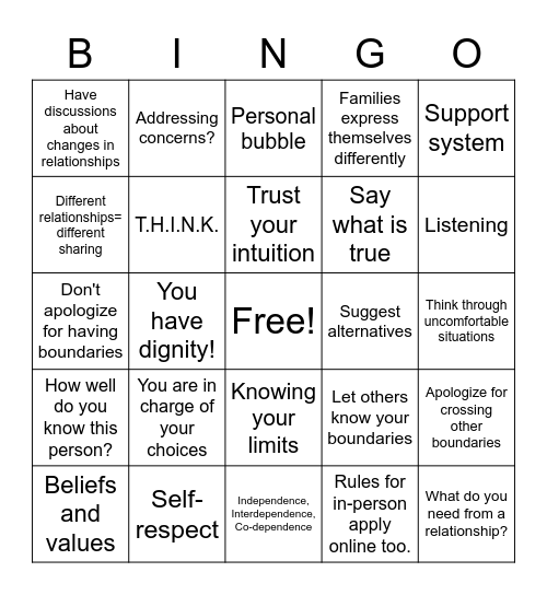 Boundaries Bingo Card