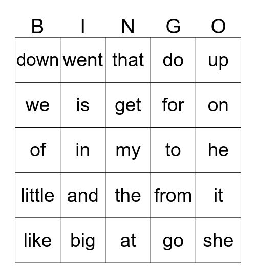 Sight Words Bingo Card