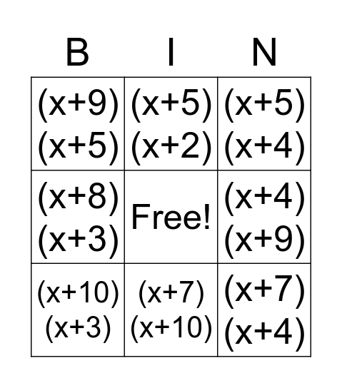 Quadratic Bingo Card