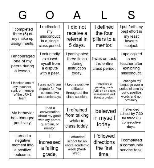 LCOV: Goal Setting Bingo Card