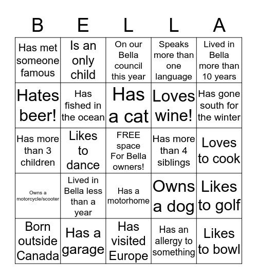 Bella View Bingo Card