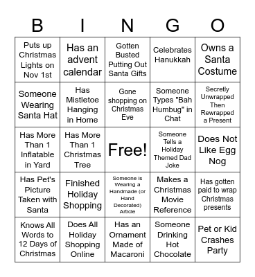 Virtual Holiday Party Bingo Card