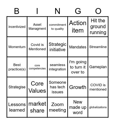 Corporate ZOOM Bingo Card