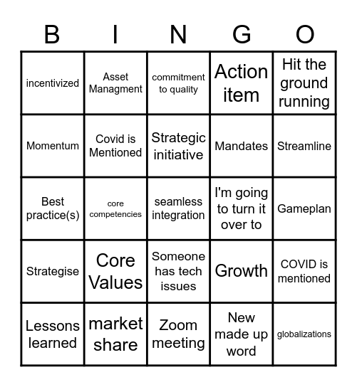 Corporate ZOOM Bingo Card