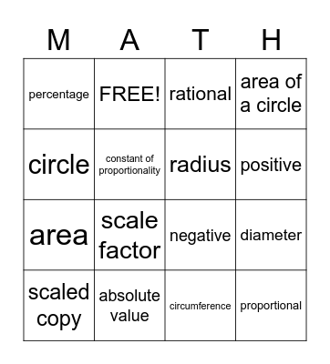 7th grade Vocabulary MATH Bingo Card