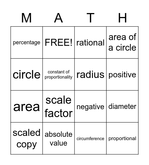 7th grade Vocabulary MATH Bingo Card