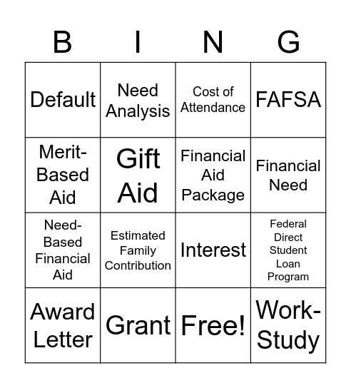 Financial Aid Terms Bingo Card