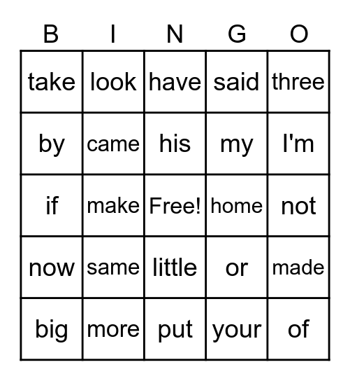 Snap Words 2 Bingo Card