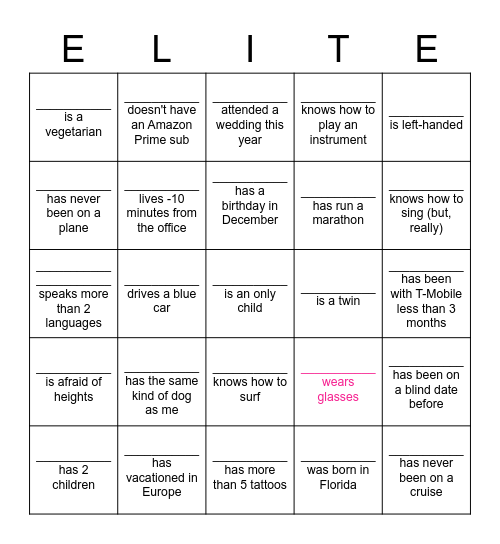 NE ELITE Get to Know You Bingo Card