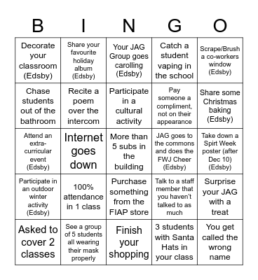 FWJ Make it Through December Bingo Card