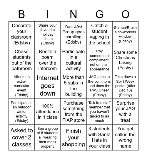 FWJ Make it Through December Bingo Card