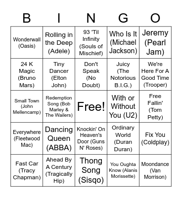 Super Friends Music Bingo Card