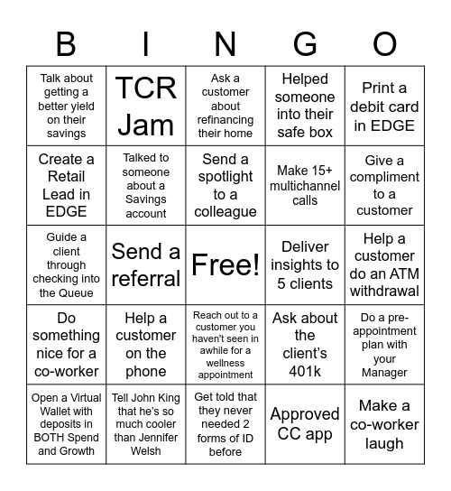 Bank Bingo Card