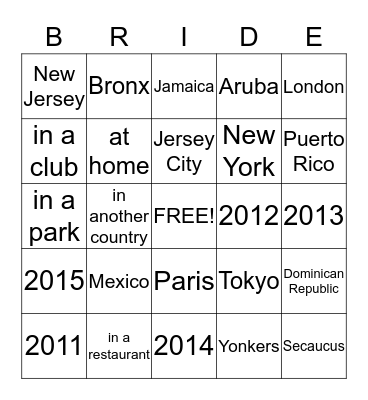 Bridal Bingo Card