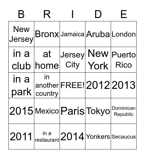 Bridal Bingo Card