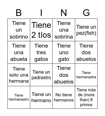 Tener Present Tense Bingo Card