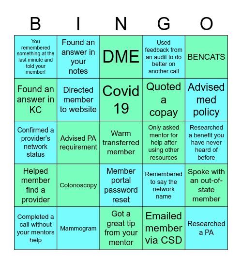 OJT 1: Class Bingo Card