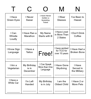 Burnsville / Eagan TCO Party 2022 Bingo Card