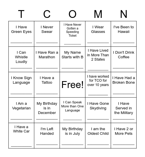 Burnsville / Eagan TCO Party 2022 Bingo Card