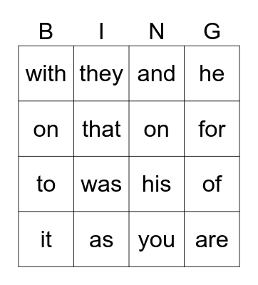 Sight Words Bingo Card