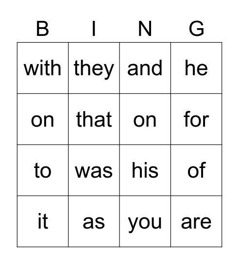 Sight Words Bingo Card