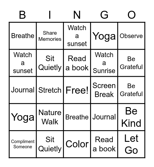 Mindfulness Bingo Card