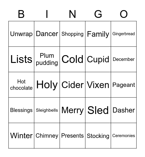 Holidays Bingo Card