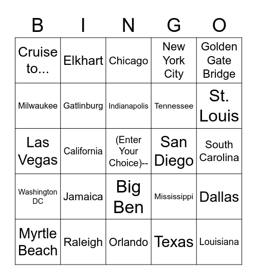 Where To Next...Destination Bingo Card