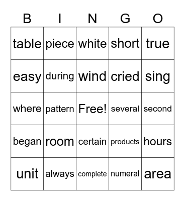 Sight Words Bingo Card