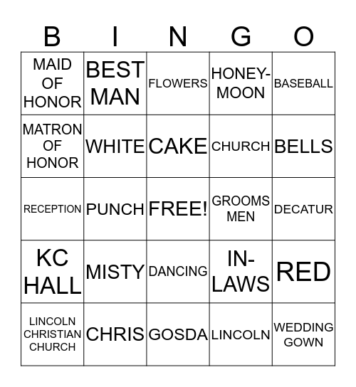 BRIDAL BINGO Card