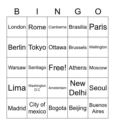 Capital cities Bingo Card