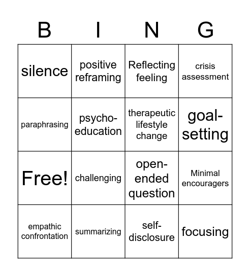 Counseling Microskills Bingo Card