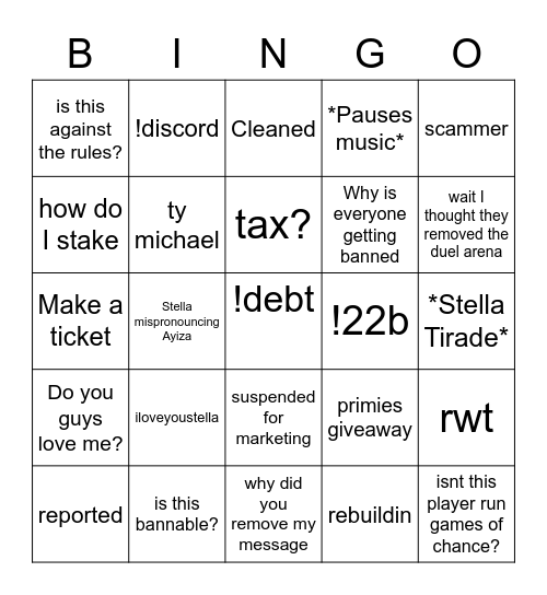 Stellas Stream Bingo Card