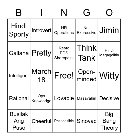 IZZA BINGO Card