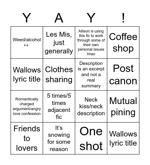 Allison’s fic trends bingo Card